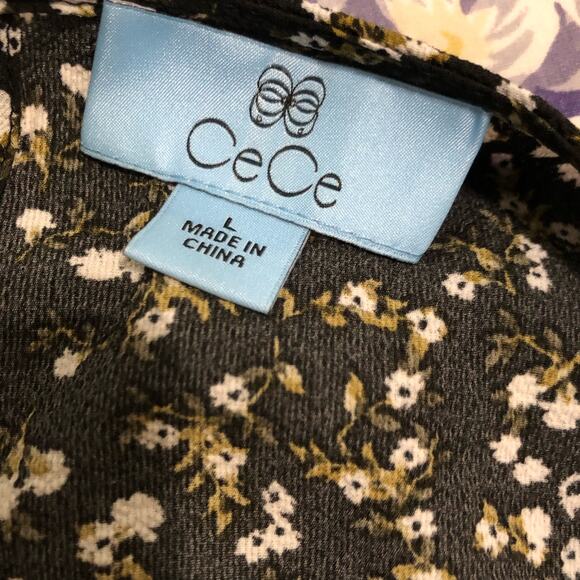 Cece Womens Blouse Size Large Black White Floral Tie Sleeve‎ Keyhole Back Top - Picture 12 of 12